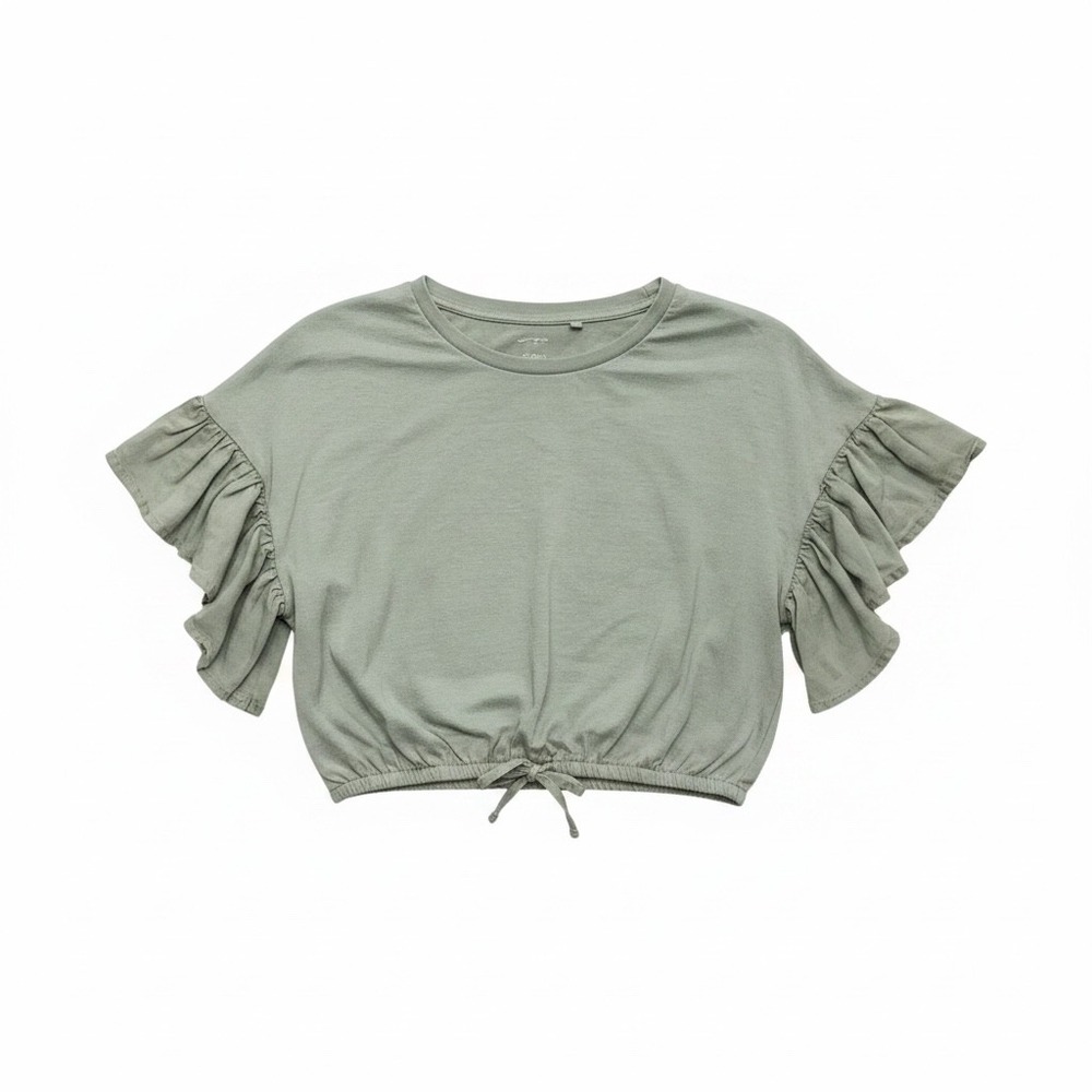 Jessica Simpson Sage Green Ruffle Sleeve Crop Top Girls Size L 12 Tie Hem Tee